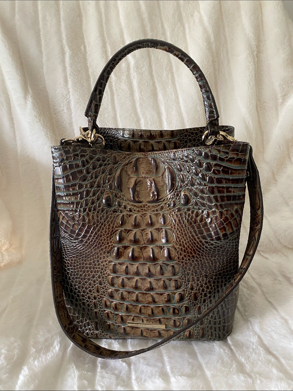 Brahmin Croc-Embossed Melbourne Amelia Bucket Bag in Chocolate w/ Turquoise